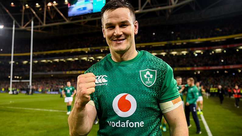 17 November 2018; Jonathan Sexton of Ireland celebrates following the Guinness Series International match between Ireland and New Zealand at the Aviva Stadium in Dublin. Photo by David Fitzgerald/Sportsfile