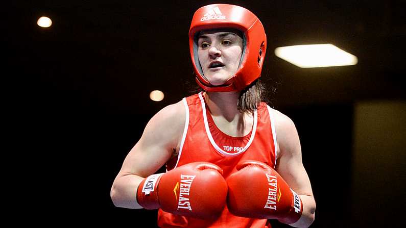 28 April 2017; Kellie Harrington of Ireland during her 60kg bout against Flora Pili of France at the Elite International Boxing Tournament in the National Stadium, Dublin. Photo by Piaras O Midheach/Sportsfile