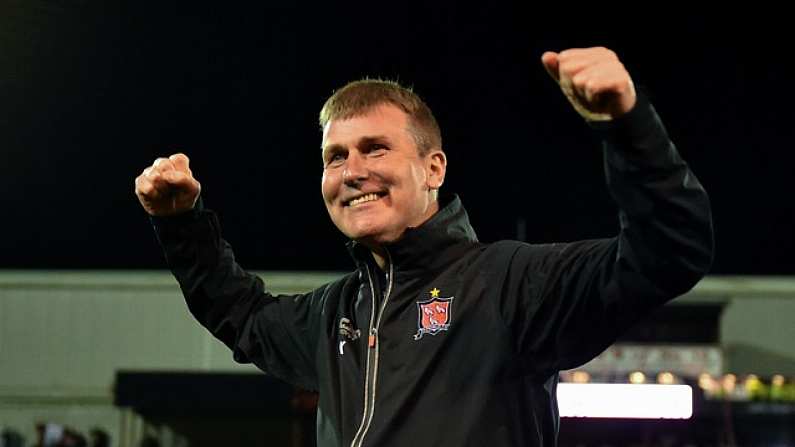 25 September 2018; Dundalk manager Stephen Kenny celebrates following his side's victory during the SSE Airtricity League Premier Division match between Dundalk and Derry City at Oriel Park in Dundalk, Co Louth. Photo by Seb Daly/Sportsfile