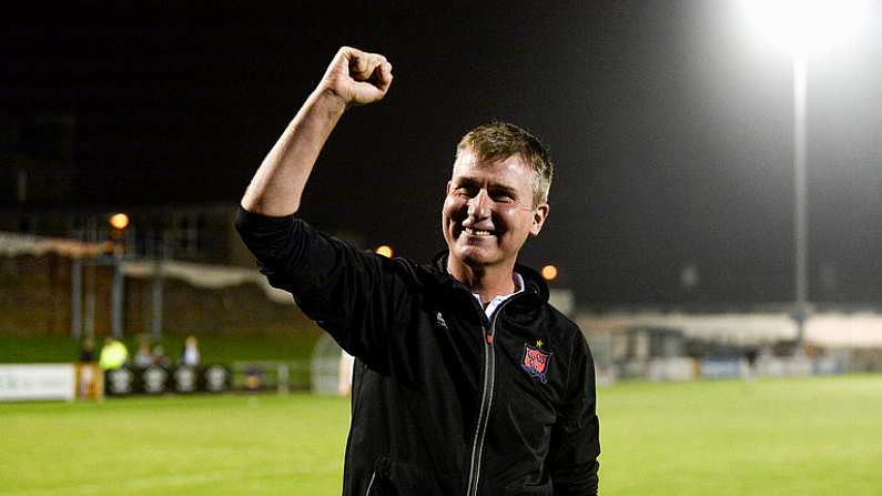 31 August 2018; Dundalk manager Stephen Kenny celebrates in front of Dundalk supporters after the SSE Airtricity League Premier Division match between Limerick and Dundalk at the Markets Field in Limerick. Photo by Diarmuid Greene/Sportsfile