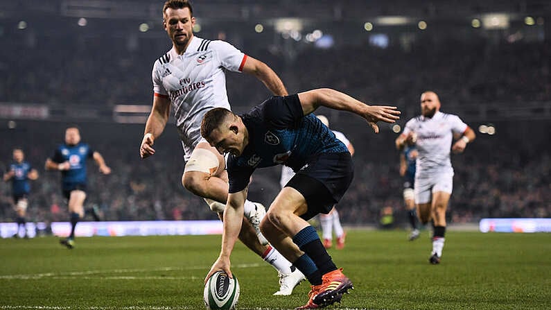 24 November 2018; Andrew Conway of Ireland scores his side's first try during the Guinness Series International match between Ireland and USA at the Aviva Stadium in Dublin. Photo by Brendan Moran/Sportsfile