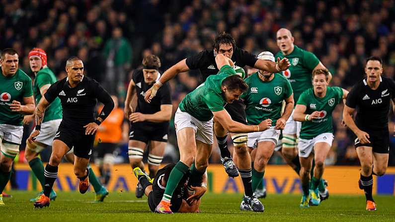 17 November 2018; Jacob Stockdale of Ireland is tackled by Ardie Savea of New Zealand during the Guinness Series International match between Ireland and New Zealand at Aviva Stadium, Dublin. Photo by Brendan Moran/Sportsfile