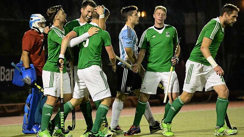 14 October 2015; Lee Cole, centre, celebrates with team-mates after scoring his side's first goal. Men's Hockey International, Ireland v Argentina, National Hockey Stadium, UCD, Belfield, Dublin. Picture credit: Cody Glenn / SPORTSFILE