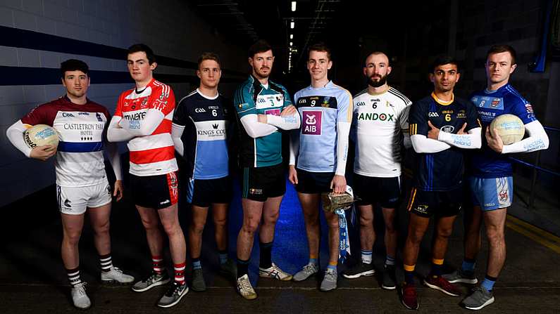 5 December 2018; In attendance are footballers, from left, Keelan Sexton of University of Limerick, Anthony Casey of CIT, Gavin Crowley of IT Tralee, Padraig Fogarty of Maynooth University, Barry Dan O'Sullivan of UCD with the Sigerson Cup, Terence O'Brien of Ulster University, Shehroz Akram of DCU Dochas Eireann and Ciaran Russell of Garda College at the Electric Ireland Higher Education GAA Championships Launch and Draw at Croke Park in Dublin. Photo by David Fitzgerald/Sportsfile