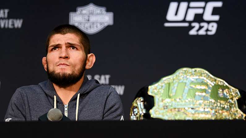 6 October 2018; Khabib Nurmagomedov during the post fight press conference following his victory over Conor McGregor in their UFC lightweight championship fight during UFC 229 at T-Mobile Arena in Las Vegas, Nevada, USA. Photo by Stephen McCarthy/Sportsfile