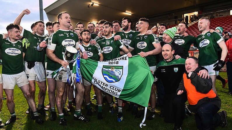 2 December 2018; Gaoth Dobhair players celebrate the Seamus McFerran cup after the AIB Ulster GAA Football Senior Club Championship Final match between Gaoth Dobhair and Scotstown at Healy Park in Tyrone. Photo by Oliver McVeigh/Sportsfile