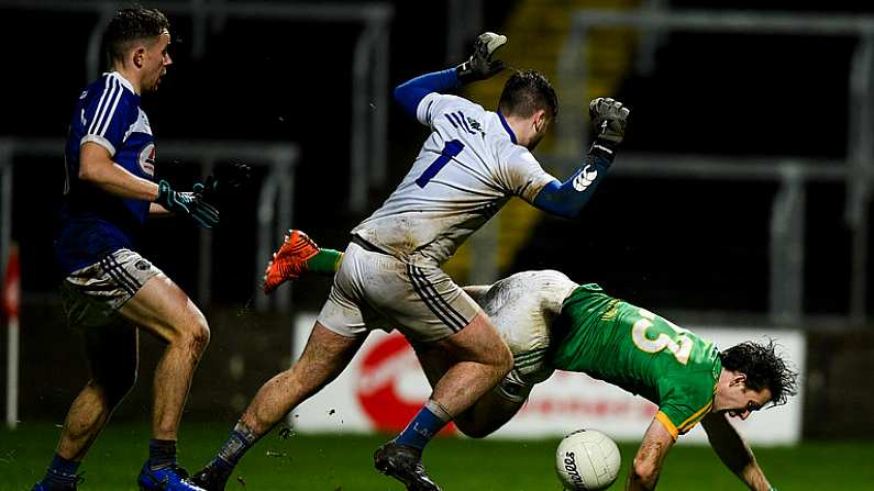 8 December 2018; Niall Hickey of Meath is tackled by Scott Osborne of Laois during the O'Byrne Cup Round 1 match between Laois and Meath at O'Moore Park in Laois. Photo by Eoin Noonan/Sportsfile