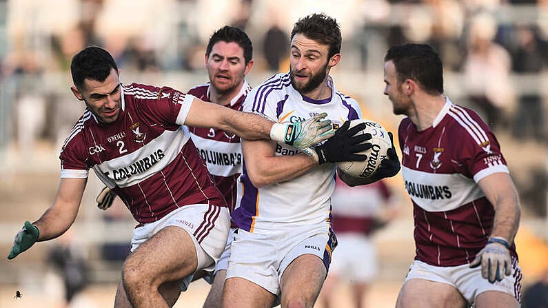 9 December 2018; Shane Horan of Kilmacud Crokes in action against Simon Cadam of Mullinalaghta St Columba's during the AIB Leinster GAA Football Senior Club Championship Final match between Kilmacud Crokes and Mullinalaghta St Columba's at Bord na Mona O'Connor Park in Offaly. Photo by Daire Brennan/Sportsfile