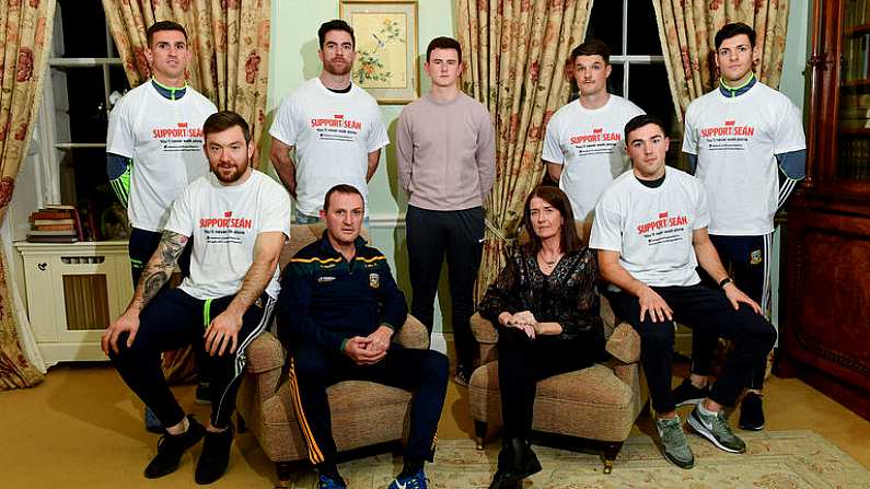 15 November 2018; In attendance at the press launch of the Meath versus Dublin Sean Cox fundraiser, which will take place at Pairc Tailteann on 16th December, are, from left, Meath's Shane McEntee, Meath's Mickey Burke, Dublin's Michael Darragh-Macauley, Meath manager Andy McEntee, son of Sean Cox, Jack, wife of Sean Cox Martina, Dublin's Eric Lowndes, Dublin's Colm Basquel and Meath's Seamus Lavin. Dunboyne Castle in Dunboyne, Co. Meath. Photo by Ramsey Cardy/Sportsfile