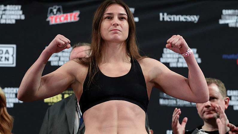 14 December 2018; Katie Taylor weighs in, at Madison Square Garden, prior to the defence of her WBA & IBF World Lightweight Championship against Eva Wahlstrom on Saturday night at Madison Square Garden in New York City, NY, USA. Photo by Ed Mulholland / Matchroom Boxing USA via Sportsfile