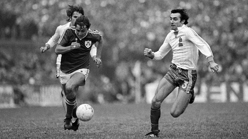 14 October 1981; Michael Robinson, Republic of Ireland, Maxime Bossis, France. 1982 FIFA World Cup Qualifier, Republic of Ireland v France, Lansdowne Road, Dublin. Picture credit; Ray McManus / SPORTSFILE