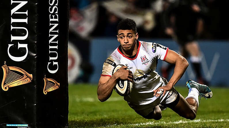 21 December 2018; Robert Baloucoune of Ulster score his side's second try during the Guinness PRO14 Round 11 match between Ulster and Munster at the Kingspan Stadium in Belfast. Photo by Oliver McVeigh/Sportsfile