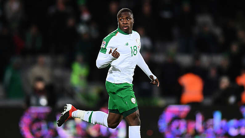 19 November 2018; Michael Obafemi of Republic of Ireland comes on as a second half substitute to make his international debut during the UEFA Nations League B match between Denmark and Republic of Ireland at Ceres Park in Aarhus, Denmark. Photo by Stephen McCarthy/Sportsfile