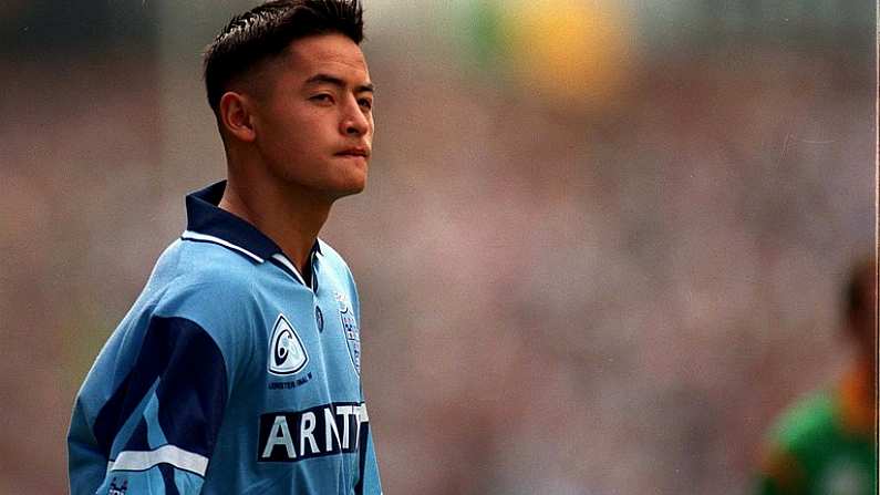 30 July 1995. Jason Sherlock, Dublin looks up to Hill 16 during the parade prior to the game. Leinster Football Final, Dublin v Meath, Croke Park. Picture Credit: Ray McManus/SPOIRTSFILE.