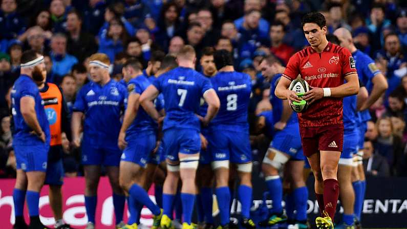 6 October 2018; Joey Carbery of Munster prepares to kick a conversion during the Guinness PRO14 Round 6 match between Leinster and Munster at the Aviva Stadium in Dublin. Photo by Ramsey Cardy/Sportsfile