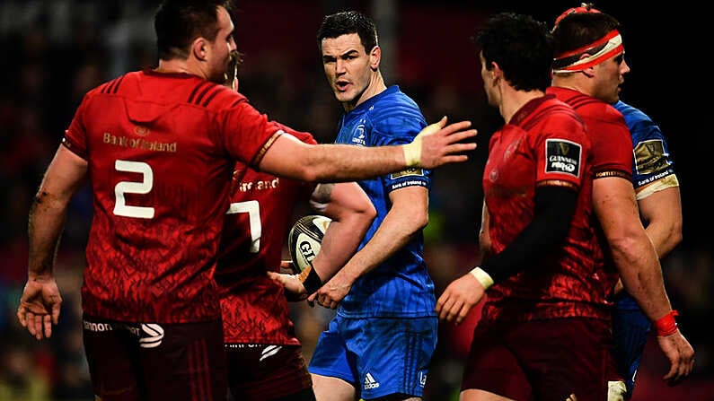 29 December 2018; Jonathan Sexton of Leinster and Joey Carbery of Munster following a tussle between both sets of players during the Guinness PRO14 Round 12 match between Munster and Leinster at Thomond Park in Limerick. Photo by Ramsey Cardy/Sportsfile