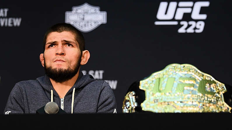 6 October 2018; Khabib Nurmagomedov during the post fight press conference following his victory over Conor McGregor in their UFC lightweight championship fight during UFC 229 at T-Mobile Arena in Las Vegas, Nevada, USA. Photo by Stephen McCarthy/Sportsfile