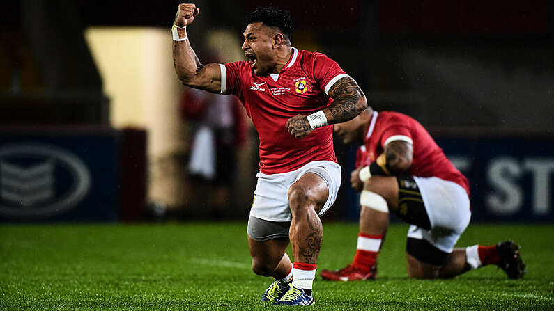 10 November 2017; Sonatane Takalua of Tonga leads his team-mates in a haka before the Representative Match between Barbarians RFC and Tonga at Thomond Park in Limerick. Photo by Matt Browne/Sportsfile