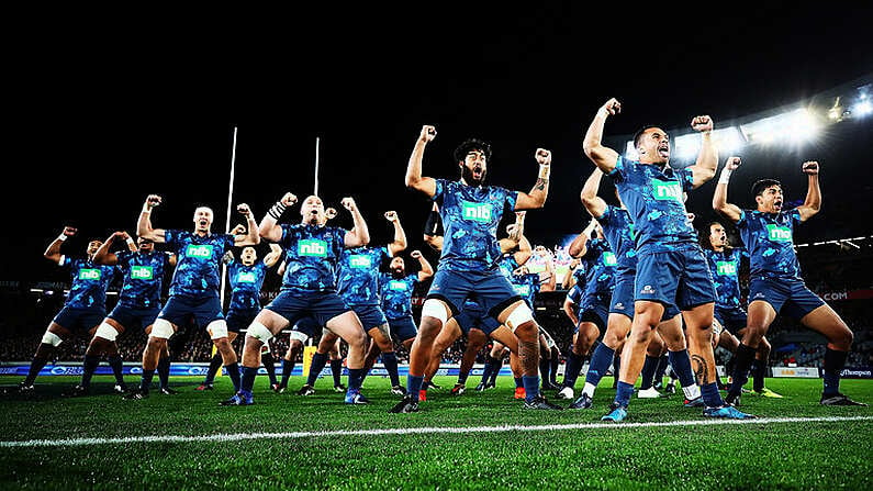 7 June 2017; In this handout image provided by New Zealand Rugby, The Blues perform a pre-match haha, He Toa Takitini, during the match between the Auckland Blues and the British & Irish Lions at Eden Park in Auckland, New Zealand. Photo by Handout/New Zealand Rugby via Sportsfile