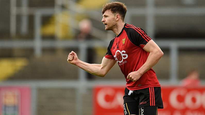 25 June 2016; Donal OHare of Down celebrates after scoring his side's third goal during the GAA Football All-Ireland Senior Championship Round 1B game between Down and Longford at Pairc Esler in Newry, Co Down. Photo by Paul Mohan/Sportsfile