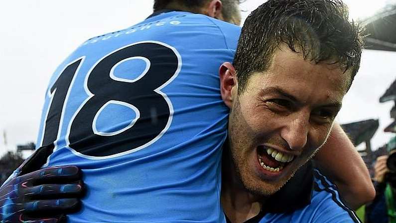 20 September 2015; Dublin's Rory O'Carroll lifts team-mate Alan Brogan in celebration after the final whistle. GAA Football All-Ireland Senior Championship Final, Dublin v Kerry, Croke Park, Dublin. Picture credit: Ray McManus / SPORTSFILE