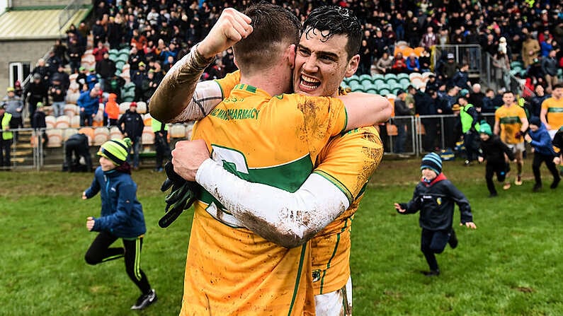 3 March 2019; Damien Moran and Shane Quinn of Leitrim celebrates after the Allianz Football League Division 4 Round 5 match between Leitrim and London at Avantcard Pairc Sean Mac Diarmada in Carrick-on-Shannon, Co. Leitrim. Photo by Oliver McVeigh/Sportsfile