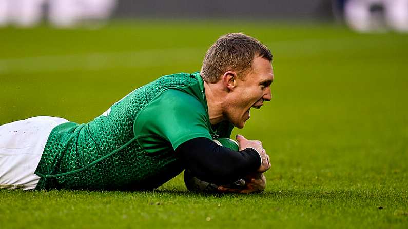 10 March 2019; Keith Earls of Ireland scores his side's fourth try during the Guinness Six Nations Rugby Championship match between Ireland and France at the Aviva Stadium in Dublin. Photo by Brendan Moran/Sportsfile