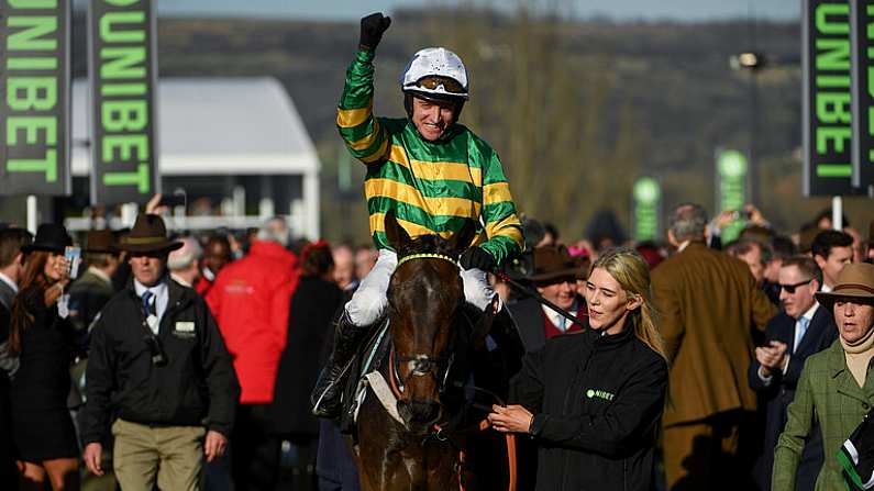 13 March 2018; Jockey Barry Geraghty, celebrates after winning The UniBet Champion Hurdle Challenge Trophy on Buveur D'air, on Day One of the Cheltenham Racing Festival at Prestbury Park in Cheltenham, England. Photo by Ramsey Cardy/Sportsfile