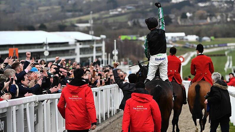 14 March 2018; Jockey Nico de Boinville celebrates after winning The Betway Queen Mother Champion Steeple Chase on Altior on Day Two of the Cheltenham Racing Festival at Prestbury Park in Cheltenham, England. Photo by Ramsey Cardy/Sportsfile