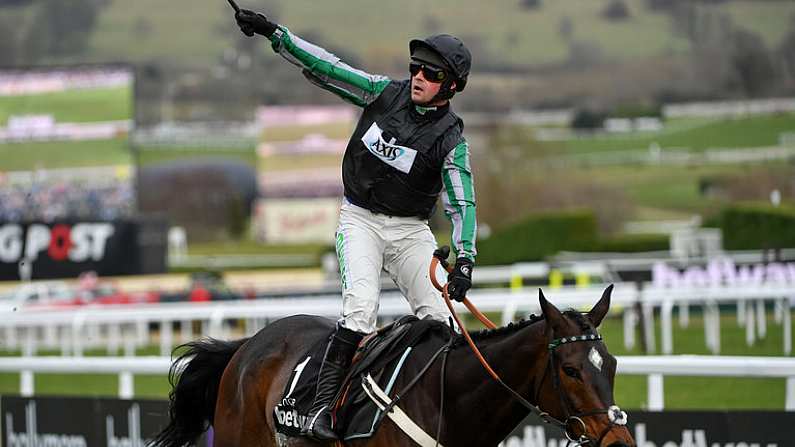 14 March 2018; Jockey Nico de Boinville celebrates after winning The Betway Queen Mother Champion Steeple Chase on Altior on Day Two of the Cheltenham Racing Festival at Prestbury Park in Cheltenham, England. Photo by Seb Daly/Sportsfile