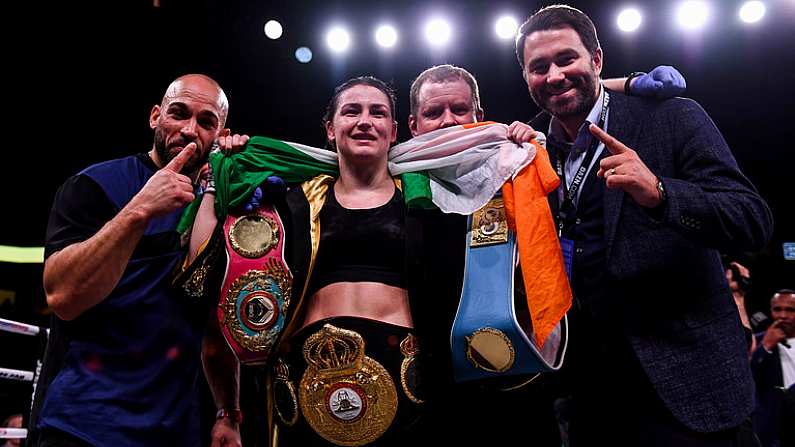 15 March 2019; Katie Taylor celebrates with team members Ross Enamait, Brian Peters and Eddie Hearn after her WBA, IBF & WBO Female Lightweight World Championships unification bout with Rose Volante at the Liacouras Center in Philadelphia, USA. Photo by Stephen McCarthy / Sportsfile