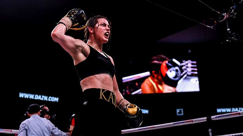 15 March 2019; Katie Taylor celebrates after defeating Rose Volante in their WBA, IBF & WBO Female Lightweight World Championships unification bout at the Liacouras Center in Philadelphia, USA. Photo by Stephen McCarthy / Sportsfile