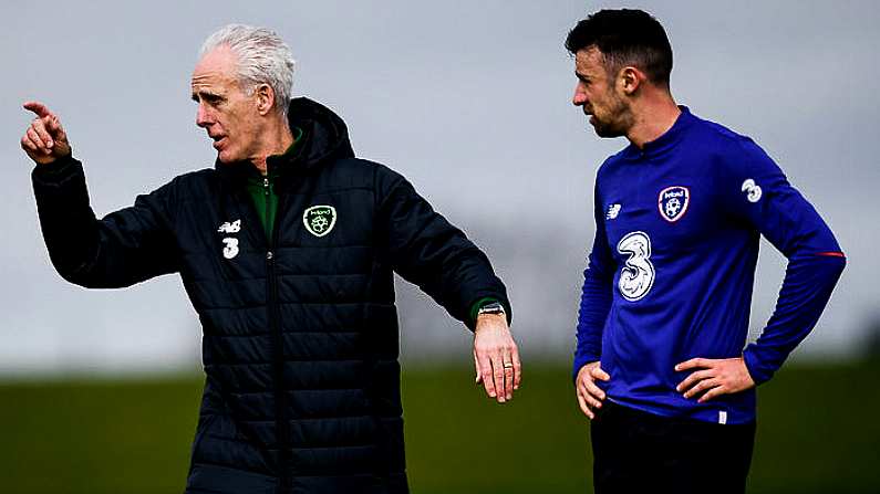 19 March 2019; Republic of Ireland manager Mick McCarthy and Enda Stevens during a training session at the FAI National Training Centre in Abbotstown, Dublin. Photo by Stephen McCarthy/Sportsfile