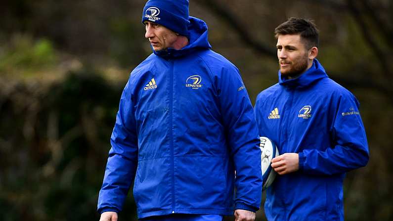 15 January 2019; Head coach Leo Cullen, left, and Ross Byrne during Leinster Rugby squad training at Rosemount in UCD, Dublin. Photo by Ramsey Cardy/Sportsfile