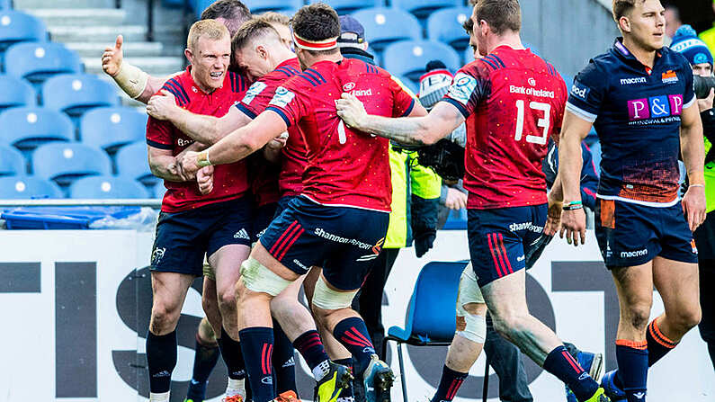 30 March 2019; Keith Earls of Munster celebrates his second try during the Heineken Champions Cup Quarter-Final match between Edinburgh and Munster at BT Murrayfield Stadium in Edinburgh, Scotland. Photo by Paul Devlin/Sportsfile