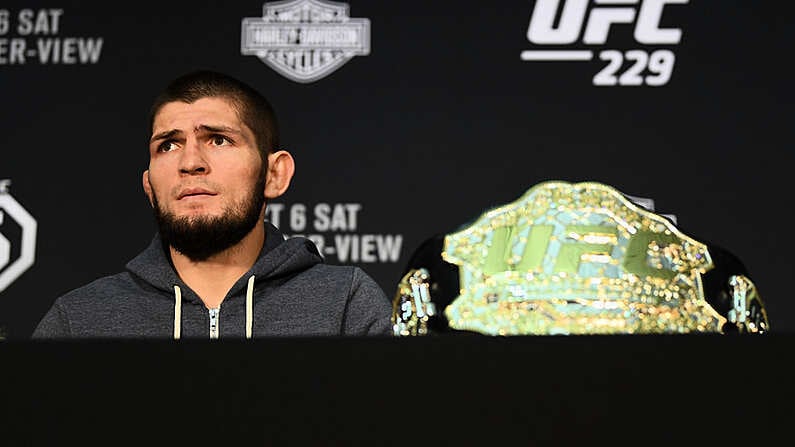 6 October 2018; Khabib Nurmagomedov during the post fight press conference after his victory over Conor McGregor in their UFC lightweight championship fight during UFC 229 at T-Mobile Arena in Las Vegas, Nevada, USA. Photo by Stephen McCarthy/Sportsfile