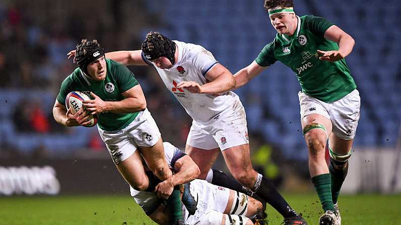 16 March 2018; Angus Curtis of Ireland is tackled by Tom Hardwick of England during the U20 Six Nations Rugby Championship match between England and Ireland at the Ricoh Arena in Coventry, England. Photo by Harry Murphy/Sportsfile