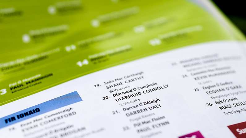 27 August 2017; A detailed view of Diarmuid Connolly's name on the Dublin team list in the match programme before the GAA Football All-Ireland Senior Championship Semi-Final match between Dublin and Tyrone at Croke Park in Dublin. Photo by Piaras O Midheach/Sportsfile