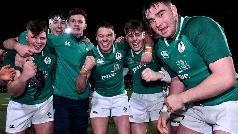 1 February 2019; Ireland players celebrate after the U20 Six Nations Rugby Championship match between Ireland and England at Irish Independent Park in Cork. Photo by Matt Browne/Sportsfile