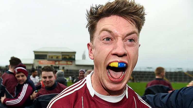 9 December 2018; John Keegan of Mullinalaghta St Columba's celebrates with supporters after the AIB Leinster GAA Football Senior Club Championship Final match between Kilmacud Crokes and Mullinalaghta St Columba's at Bord na Mona O'Connor Park in Offaly. Photo by Daire Brennan/Sportsfile