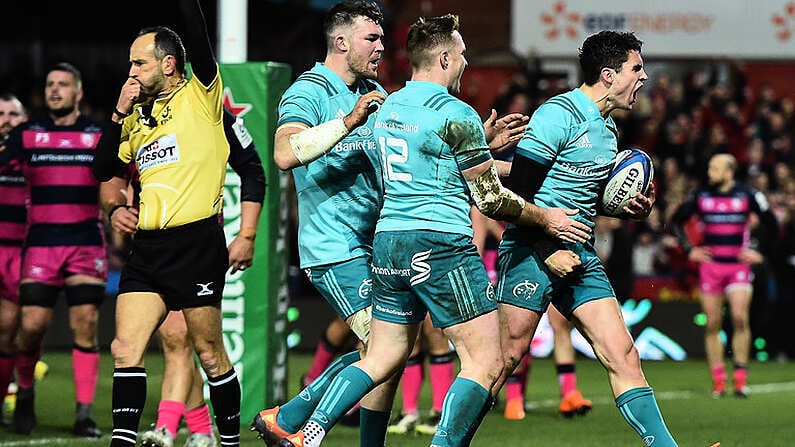 11 January 2019; Joey Carbery of Munster celebrates after scoring his side's first try during the Heineken Champions Cup Pool 2 Round 5 match between Gloucester and Munster at Kingsholm Stadium in Gloucester, England. Photo by Seb Daly/Sportsfile