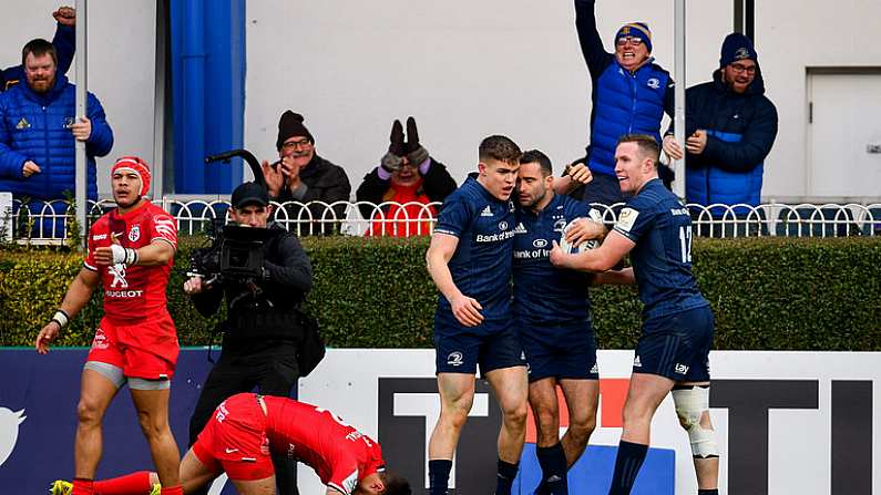 12 January 2019; Leinster's Dave Kearney, centre, celebrates with team-mate Garry Ringrose, left, and Rory O'Loughlin after scoring his side's second try during the Heineken Champions Cup Pool 1 Round 5 match between Leinster and Toulouse at the RDS Arena in Dublin. Photo by Ramsey Cardy/Sportsfile