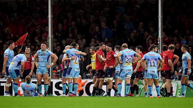 13 October 2018; Munster and Exeter players react at the final whistle of the Heineken Champions Cup Pool 2 Round 1 match between Exeter Chiefs and Munster at Sandy Park in Exeter, England. Photo by Brendan Moran/Sportsfile