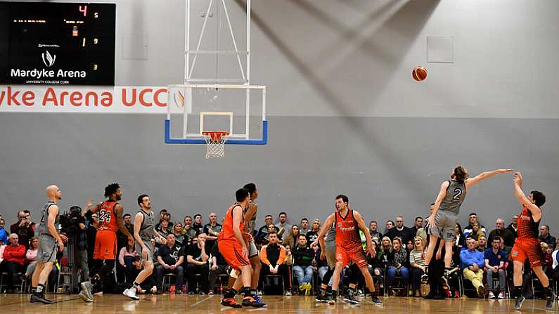 12 January 2019; Ciaran Roe of Pyrobel Killester shoots a basket during the Hula Hoops Mens Pat Duffy National Cup semi-final match between Pyrobel Killester and Garveys Tralee Warriors at the Mardyke Arena UCC in Cork. Photo by Brendan Moran/Sportsfile