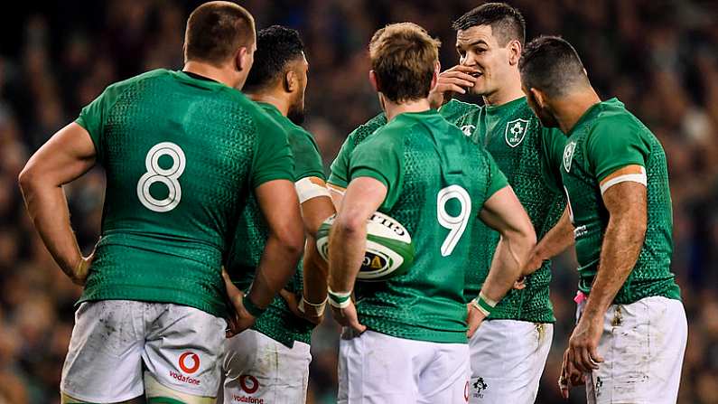 17 November 2018; Jonathan Sexton of Ireland speaks to his team-mates during the Guinness Series International match between Ireland and New Zealand at Aviva Stadium, Dublin. Photo by Brendan Moran/Sportsfile