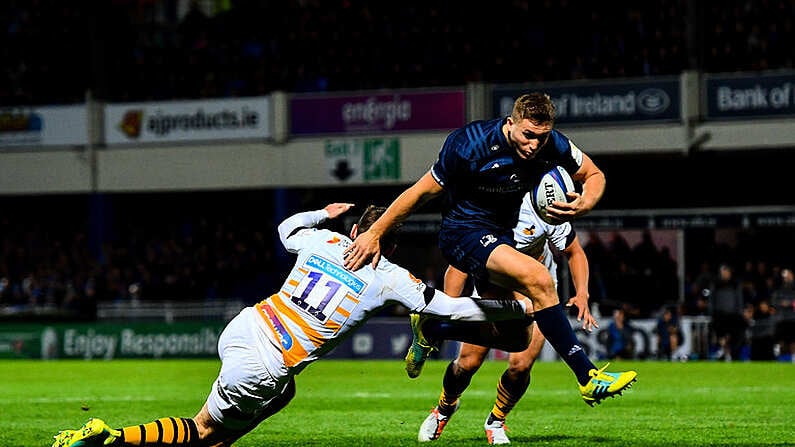 12 October 2018; Jordan Larmour of Leinster beats the tackle by Elliot Daly of Wasps on his way to scoring his side's sixth try during the Heineken Champions Cup Pool 1 Round 1 match between Leinster and Wasps at the RDS Arena in Dublin. Photo by Ramsey Cardy/Sportsfile