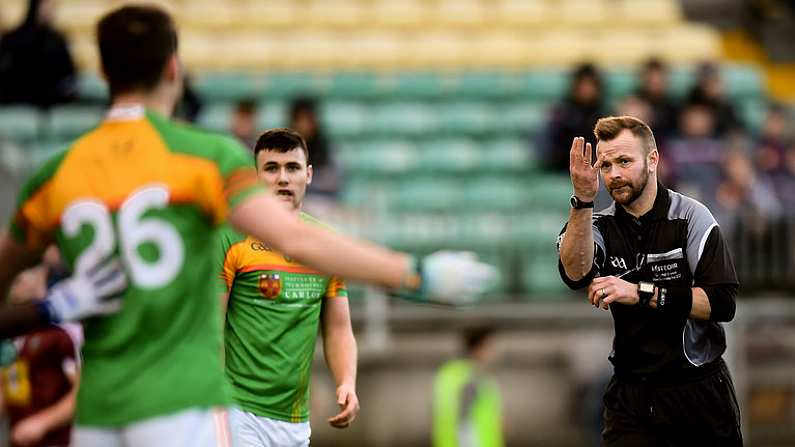 9 December 2018; Referee Anthony Nolan awards a free for four consecutive hand passes during the O'Byrne Cup Round 1 match between Carlow and Westmeath at Netwatch Cullen Park in Carlow. Photo by Stephen McCarthy/Sportsfile