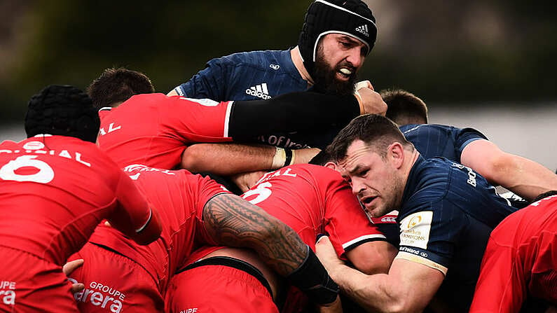 12 January 2019; Cian Healy and Scott Fardy, left, and Leinster during the Heineken Champions Cup Pool 1 Round 5 match between Leinster and Toulouse at the RDS Arena in Dublin. Photo by Stephen McCarthy/Sportsfile