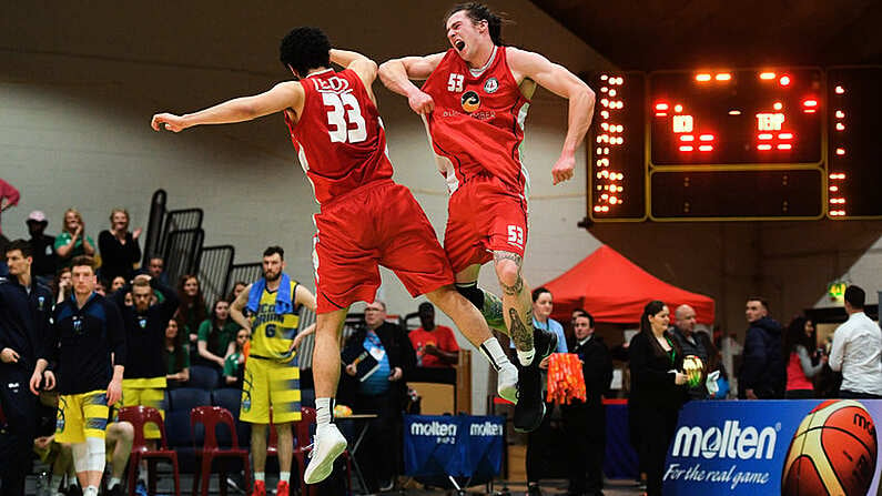 27 January 2018; Lorcan Murphy, right, of Black Amber Templeogue celebrates with team mate Neil Randolph following the Hula Hoops Pat Duffy National Cup Final match between UCD Marian and Black Amber Templeogue at the National Basketball Arena in Tallaght, Dublin. Photo by Eoin Noonan/Sportsfile