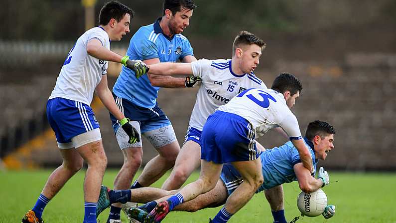 27 January 2019; Conor Mullally of Dublin under pressure from Monaghan players Shane Carey, left, Micheal Bannigan, centre, and David Garland during the Allianz Football League Division 1 Round 1 match between Monaghan and Dublin at St Tiernach's Park in Clones, Co. Monaghan. Photo by Ramsey Cardy/Sportsfile